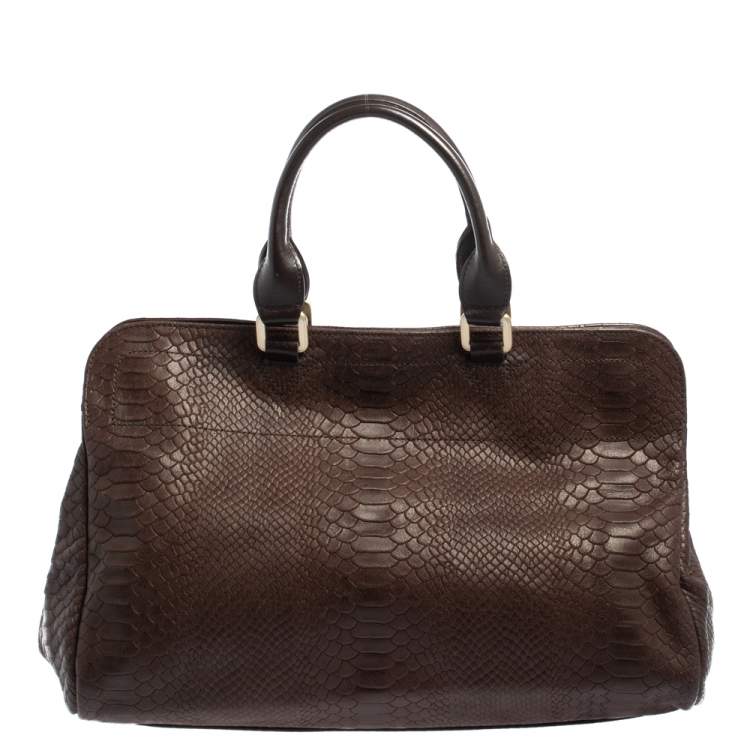Pre Owned Longchamp Dark Brown Python Embossed Leather Gatsby Tote