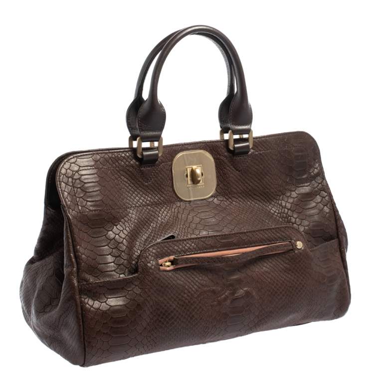 Pre Owned Longchamp Dark Brown Python Embossed Leather Gatsby Tote