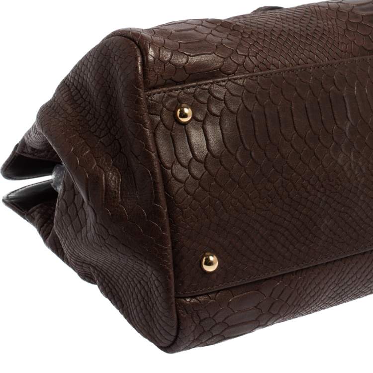 Pre Owned Longchamp Dark Brown Python Embossed Leather Gatsby Tote