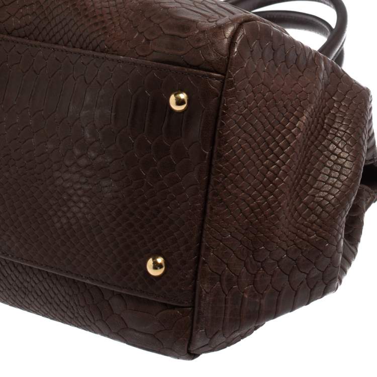 Pre Owned Longchamp Dark Brown Python Embossed Leather Gatsby Tote