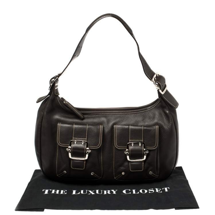 Pre Owned Longchamp Mocha Leather Buckle Pocket Hobo