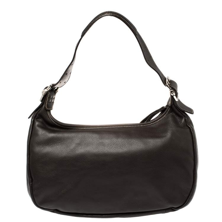 Pre Owned Longchamp Mocha Leather Buckle Pocket Hobo