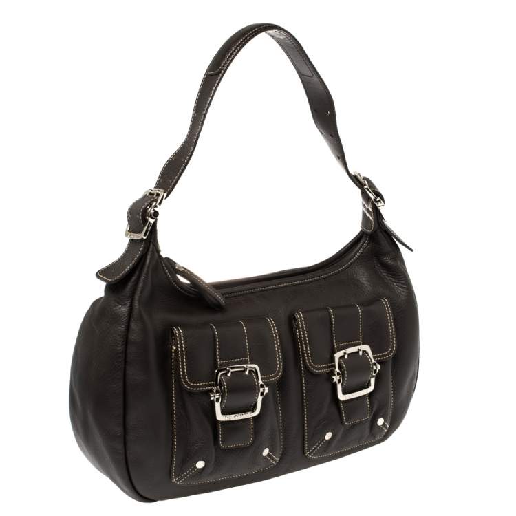 Pre Owned Longchamp Mocha Leather Buckle Pocket Hobo