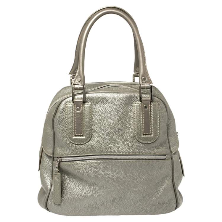 Pre Owned Longchamp Pale Green Shimmer Leather Zip Satchel