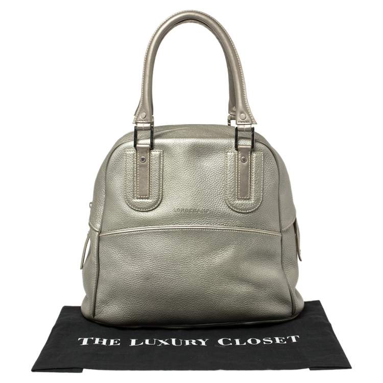 Pre Owned Longchamp Pale Green Shimmer Leather Zip Satchel