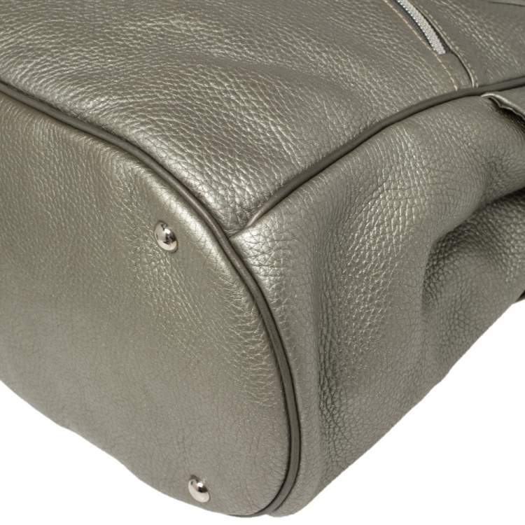 Pre Owned Longchamp Pale Green Shimmer Leather Zip Satchel