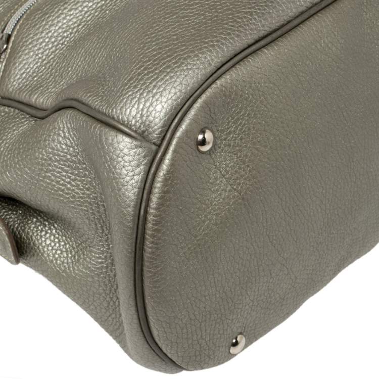 Pre Owned Longchamp Pale Green Shimmer Leather Zip Satchel