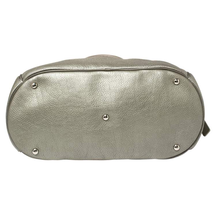 Pre Owned Longchamp Pale Green Shimmer Leather Zip Satchel