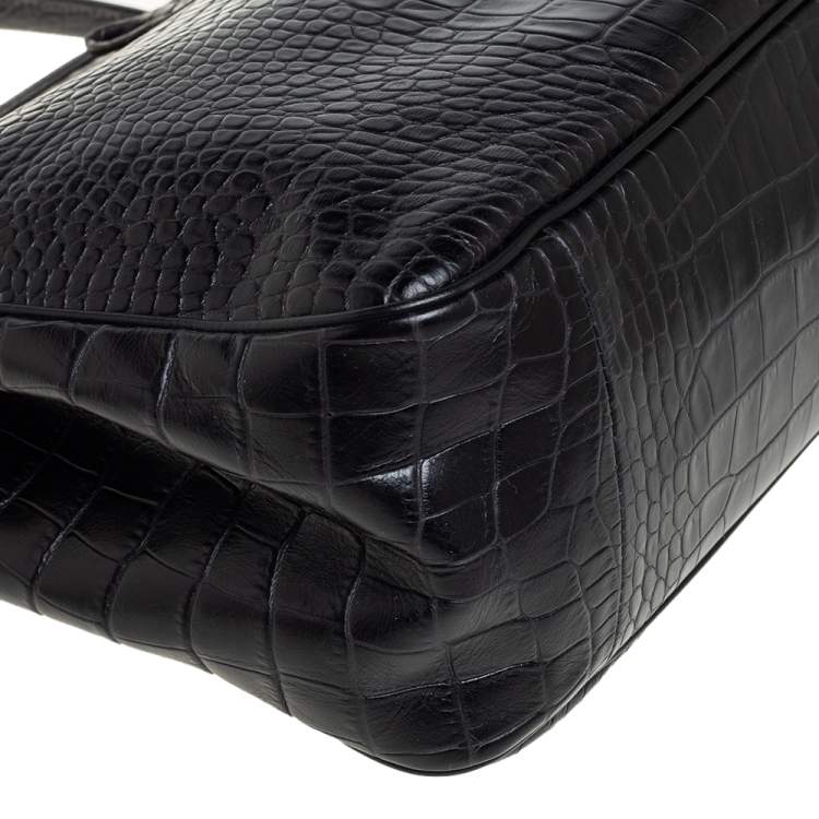 Pre Owned Longchamp Black Crocodile Embossed Leather Roseau Tote 