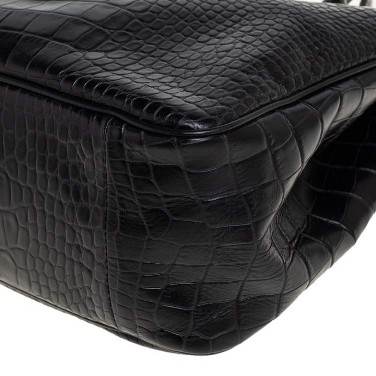 Pre Owned Longchamp Black Crocodile Embossed Leather Roseau Tote 