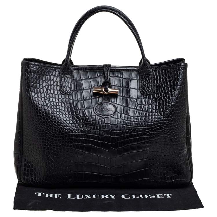 Pre Owned Longchamp Black Crocodile Embossed Leather Roseau Tote 