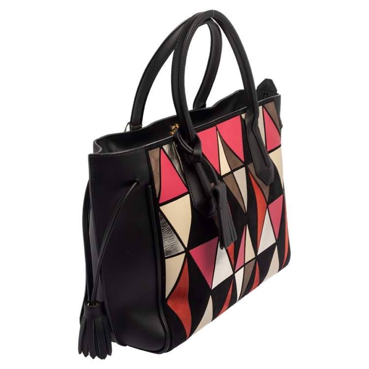 Pre Owned Longchamp Black/Multicolor Leather and Suede Medium Penelope Arty Tote