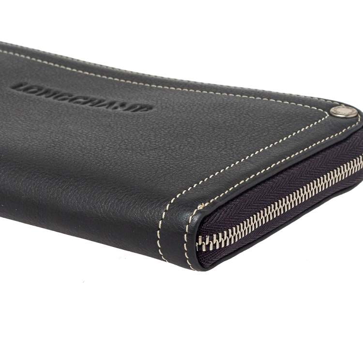 Pre Owned Longchamp Grey Leather Zip Around Wallet