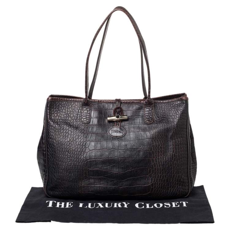 Pre Owned Longchamp Dark Brown Croc Embossed Leather Roseau Tote