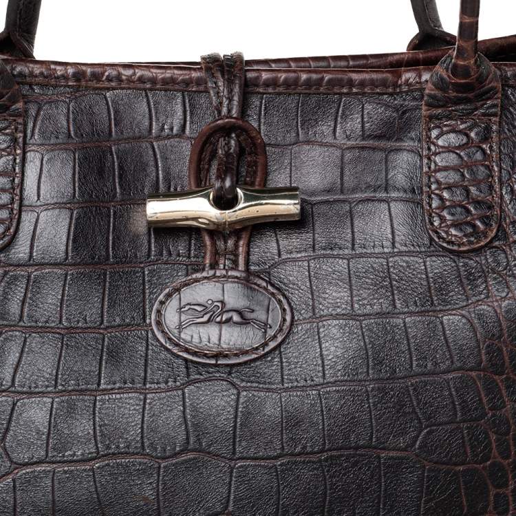 Pre Owned Longchamp Dark Brown Croc Embossed Leather Roseau Tote