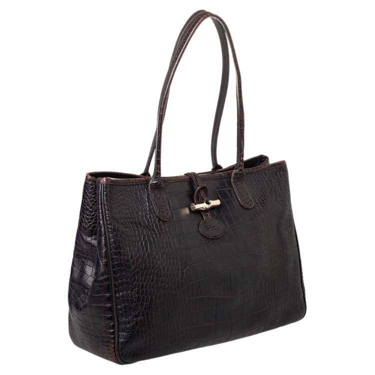 Pre Owned Longchamp Dark Brown Croc Embossed Leather Roseau Tote