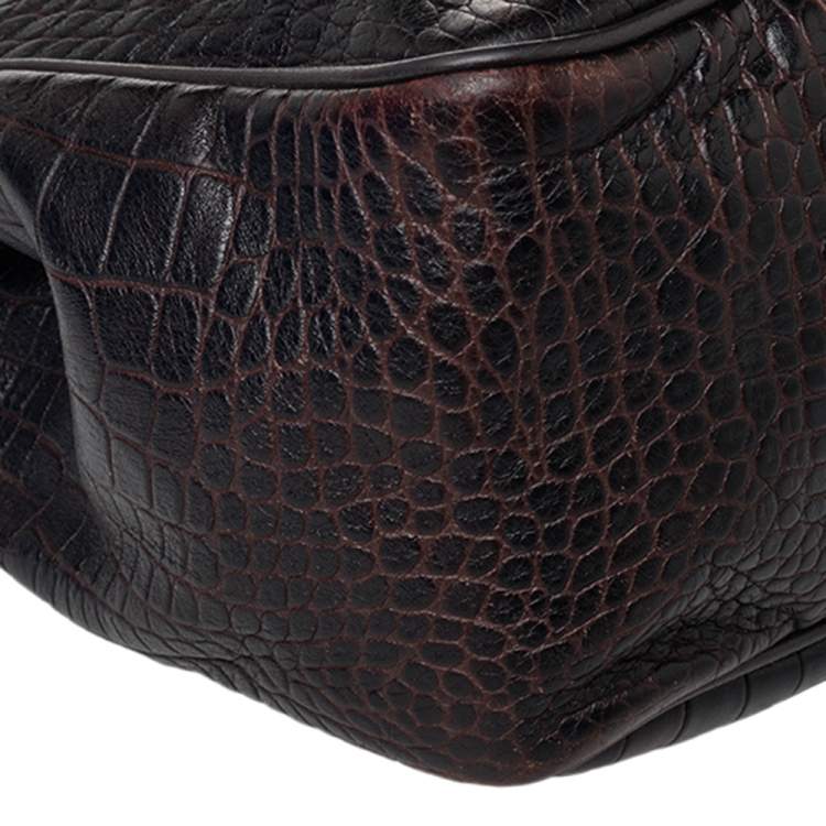 Pre Owned Longchamp Dark Brown Croc Embossed Leather Roseau Tote