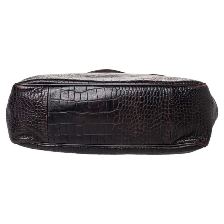 Pre Owned Longchamp Dark Brown Croc Embossed Leather Roseau Tote