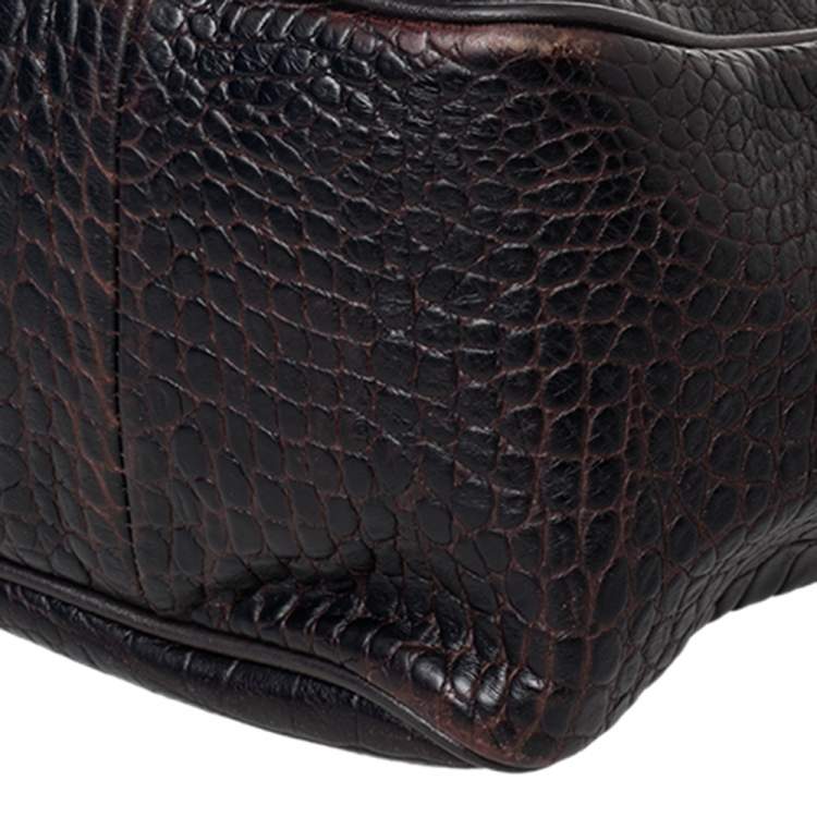 Pre Owned Longchamp Dark Brown Croc Embossed Leather Roseau Tote