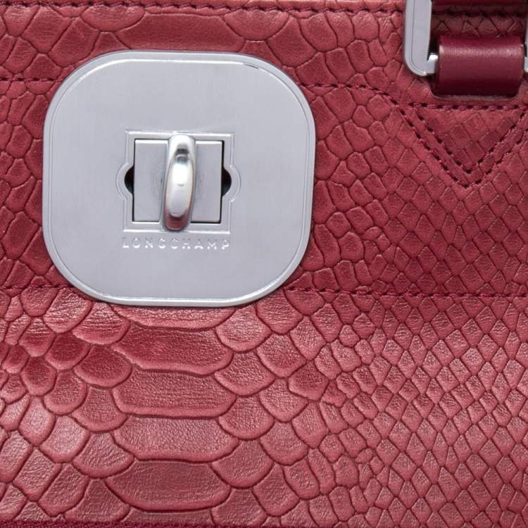 Pre Owned Longchamp Burgundy Python Embossed Leather Gatsby Tote