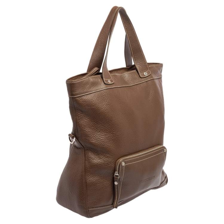 Pre Owned Longchamp Brown Grained Leather Convertible Tote