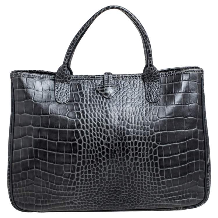 Pre Owned Longchamp Dark Grey Glaze Croc Embossed Leather Roseau Tote