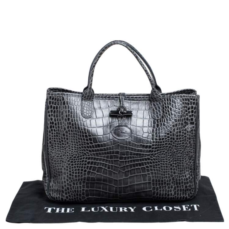 Pre Owned Longchamp Dark Grey Glaze Croc Embossed Leather Roseau Tote