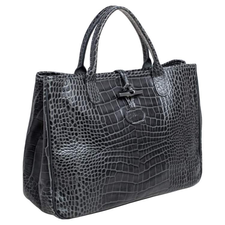 Pre Owned Longchamp Dark Grey Glaze Croc Embossed Leather Roseau Tote