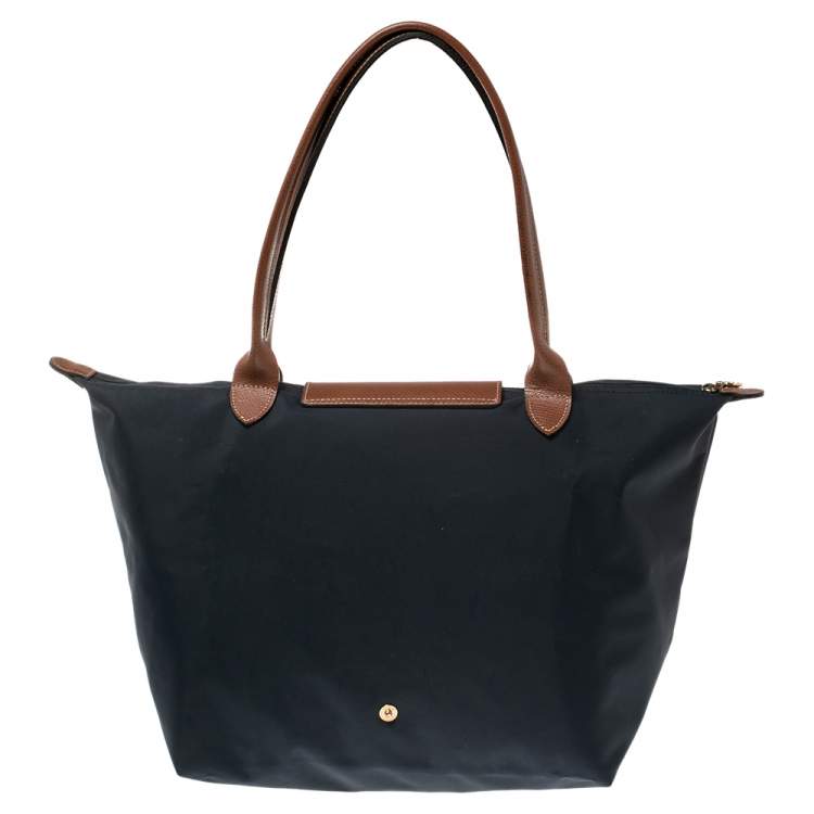 Pre Owned Longchamp Navy Blue Nylon and Leather Le Pliage Tote