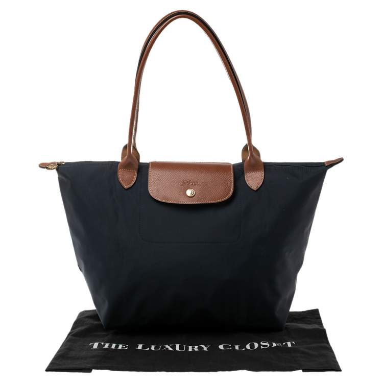 Pre Owned Longchamp Navy Blue Nylon and Leather Le Pliage Tote