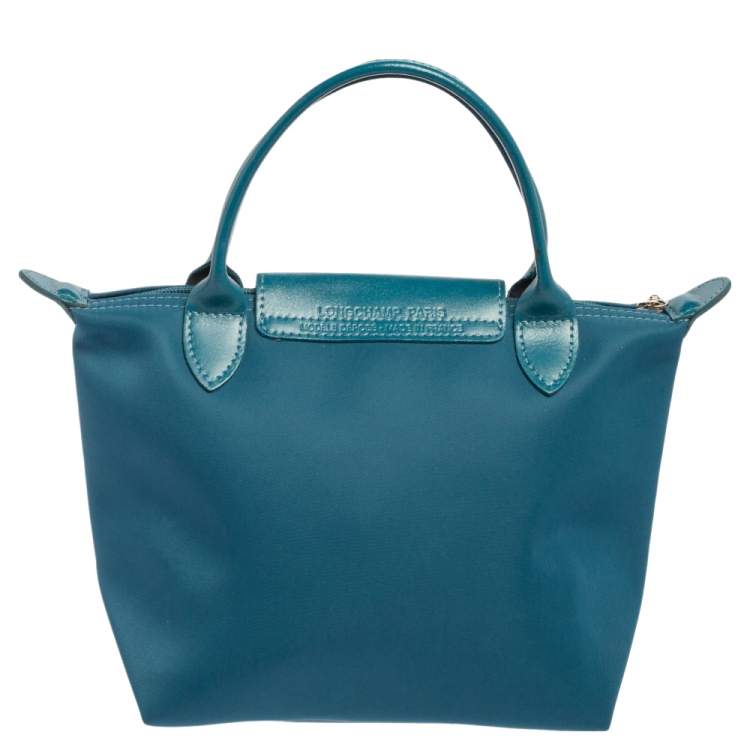 Pre Owned Longchamp Teal Blue Leather and Nylon Min Le Pliage Tres Tote