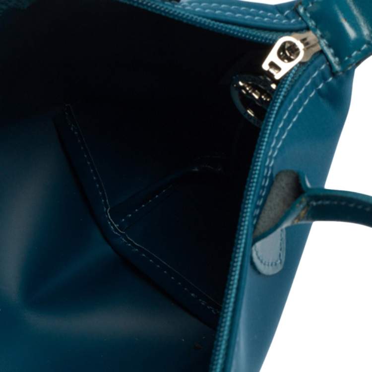 Pre Owned Longchamp Teal Blue Leather and Nylon Min Le Pliage Tres Tote