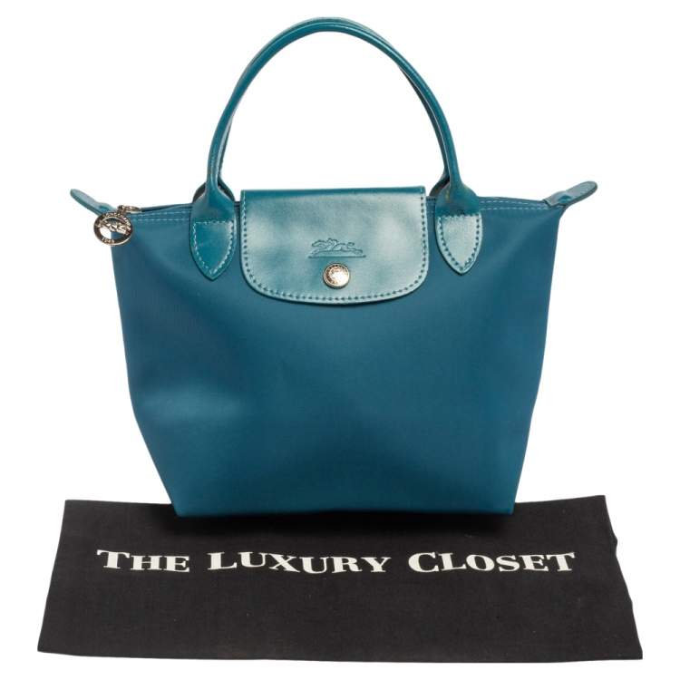 Pre Owned Longchamp Teal Blue Leather and Nylon Min Le Pliage Tres Tote