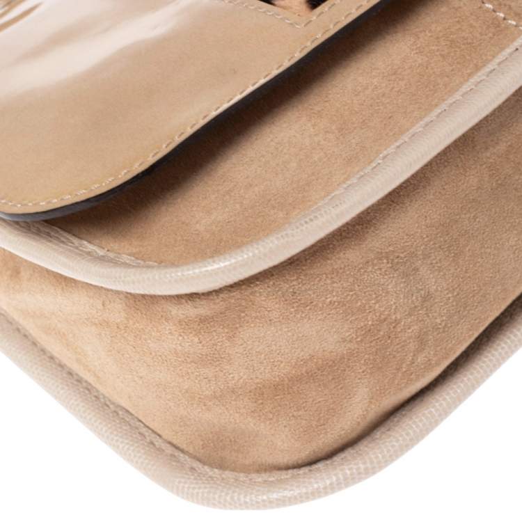 Pre Owned Longchamp Beige Patent Leather, Suede and Calfhair Flap Chain Shoulder Bag