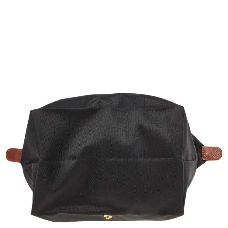 مملوكة مسبقًا Longchamp Black/Brown Nylon And Leather Small Short Le Pliage Tote