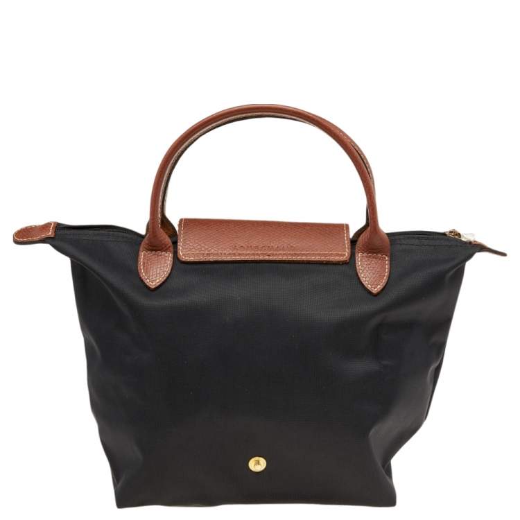 مملوكة مسبقًا Longchamp Black/Brown Nylon And Leather Small Short Le Pliage Tote