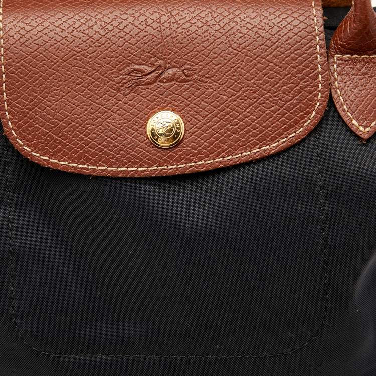 مملوكة مسبقًا Longchamp Black/Brown Nylon And Leather Small Short Le Pliage Tote