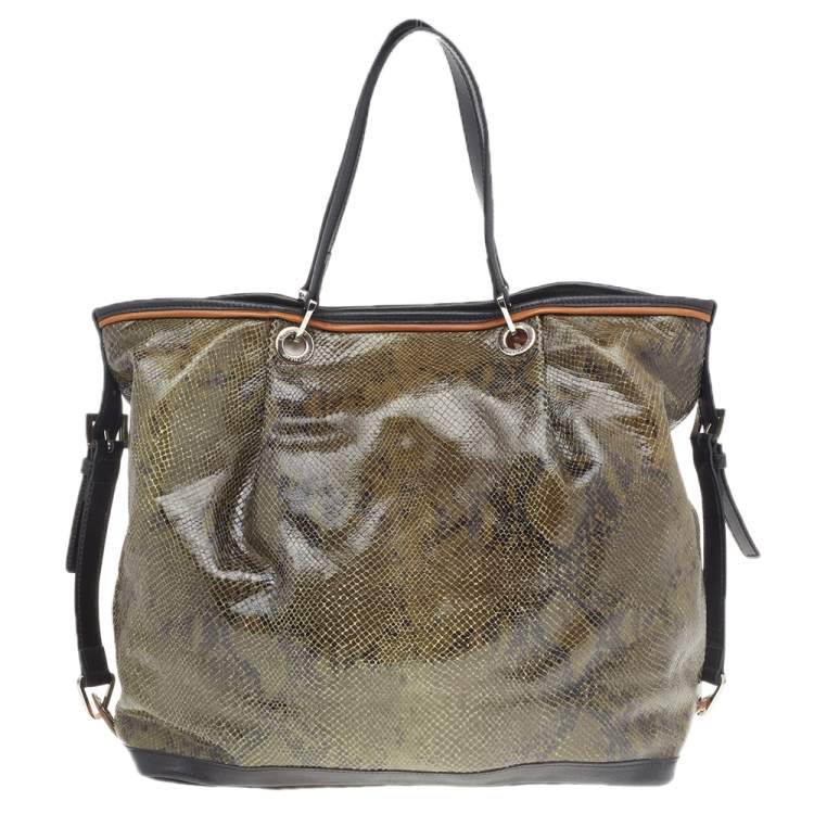 Pre Owned Longchamp Olive Green/Black Snakeskin Embossed Leather Tote