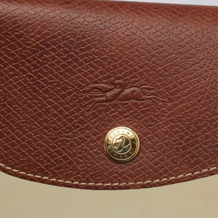 Pre Owned Longchamp White/Brown Nylon And Leather Le Pliage Tote 