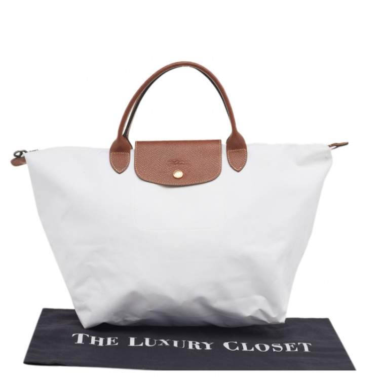 Pre Owned Longchamp White/Brown Nylon And Leather Le Pliage Tote 