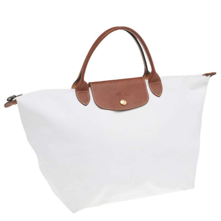 Pre Owned Longchamp White/Brown Nylon And Leather Le Pliage Tote 