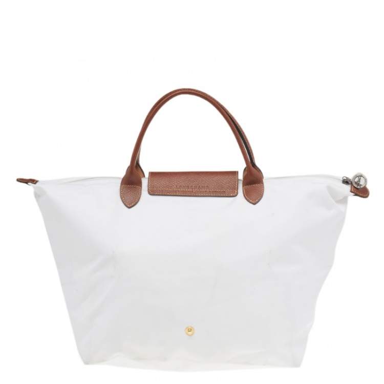 Pre Owned Longchamp White/Brown Nylon And Leather Le Pliage Tote 
