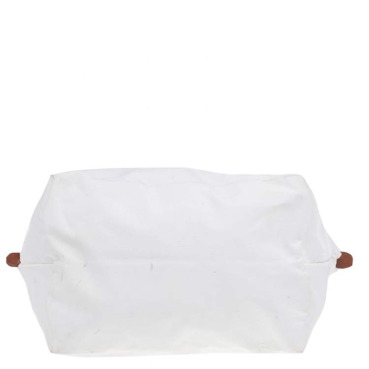 Pre Owned Longchamp White/Brown Nylon And Leather Le Pliage Tote 