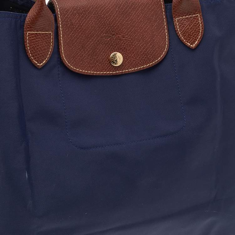 Pre Owned Longchamp Navy Blue/Brown Nylon And Leather Medium Le Pliage Tote