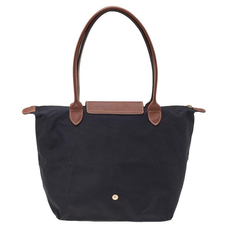 Pre Owned Longchamp Black/Beige Nylon and Leather Small Le Pliage Tote