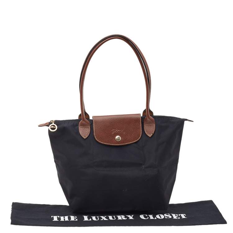 Pre Owned Longchamp Black/Beige Nylon and Leather Small Le Pliage Tote