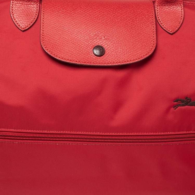 Pre Owned Longchamp Red Polyamide Canvas And Leather Le Pliage Expandable Travel Duffel