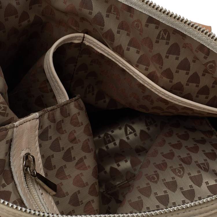Pre Owned Longchamp Beige Leather Front Pocket Boston Bag