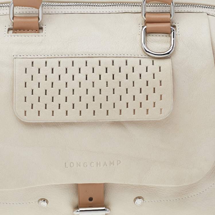 Pre Owned Longchamp Beige Leather Front Pocket Boston Bag