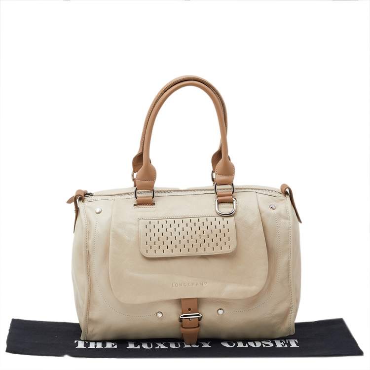 Pre Owned Longchamp Beige Leather Front Pocket Boston Bag